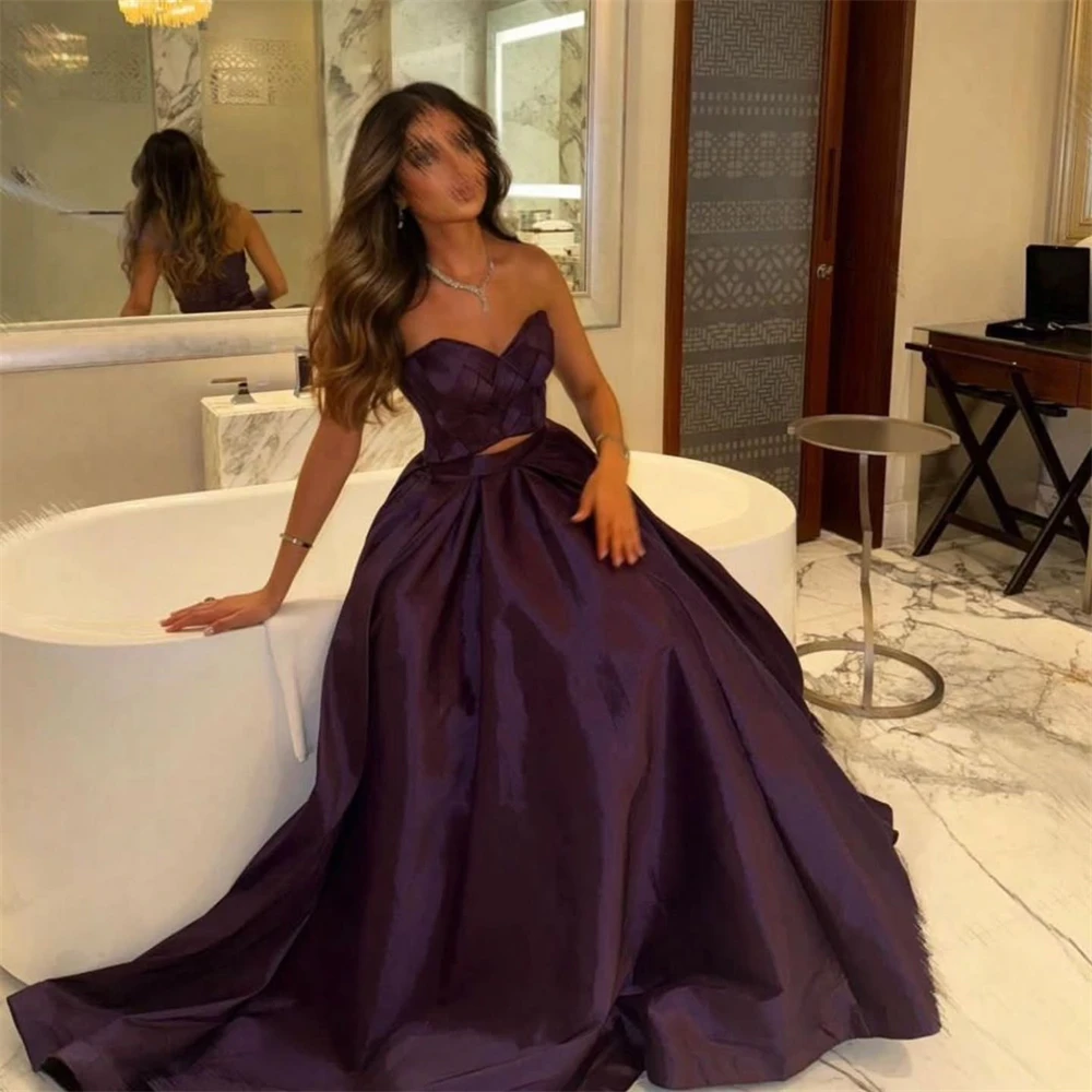 Вечернее платье по индивидуальному заказу. Изысканные фиолетовые атласные платья без бретелек без рукавов для выпускного вечера. Классические вечерние платья трапециевидной формы длиной до пола.