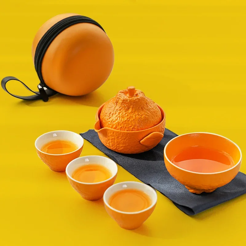 

Ceramic Tea Set Travel Tea Set Portable Outdoor Tea Drinking Equipment Camping Accompanying Teacup Orange Керамическая Посуда