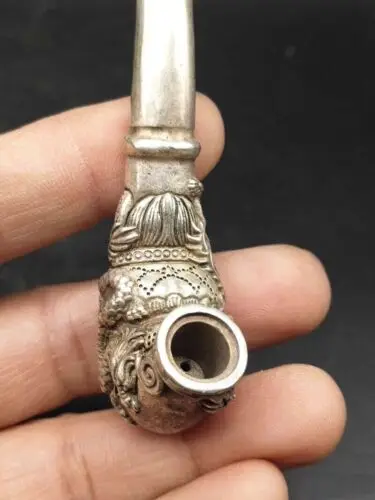 Chinese tibet silver handcarved dragon phoenix pipe Smoking tools