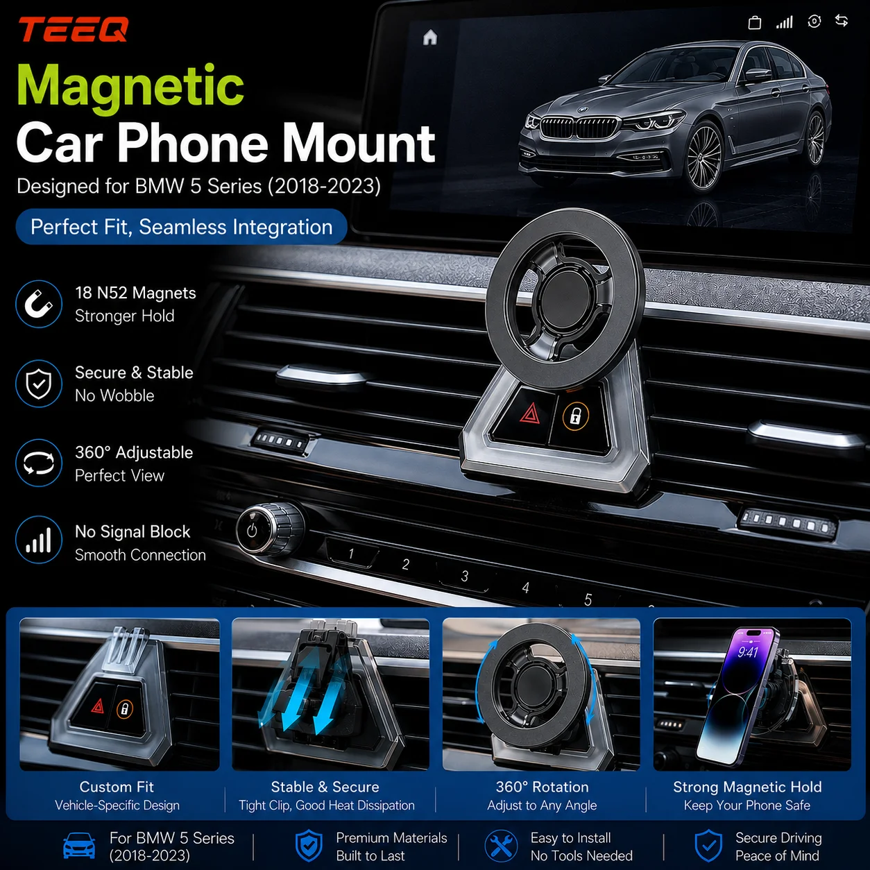 TEEQ Magnetic Car Phone Holder for BMW 5 Series G30 G31 6 Series GT G32 2018-2023 360° Adjustable Vehicle-Specific Phone Mount