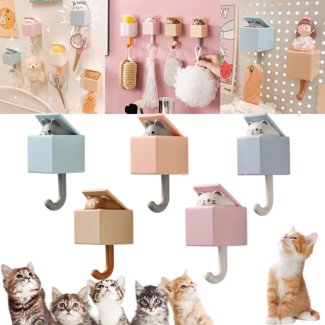 

5PCS Cartoon Cat Hook Self Adhesive Bedroom Door Hangers Hooks Key Umbrella Towel Cap Coat Rack Wall Animal Decoration Rack