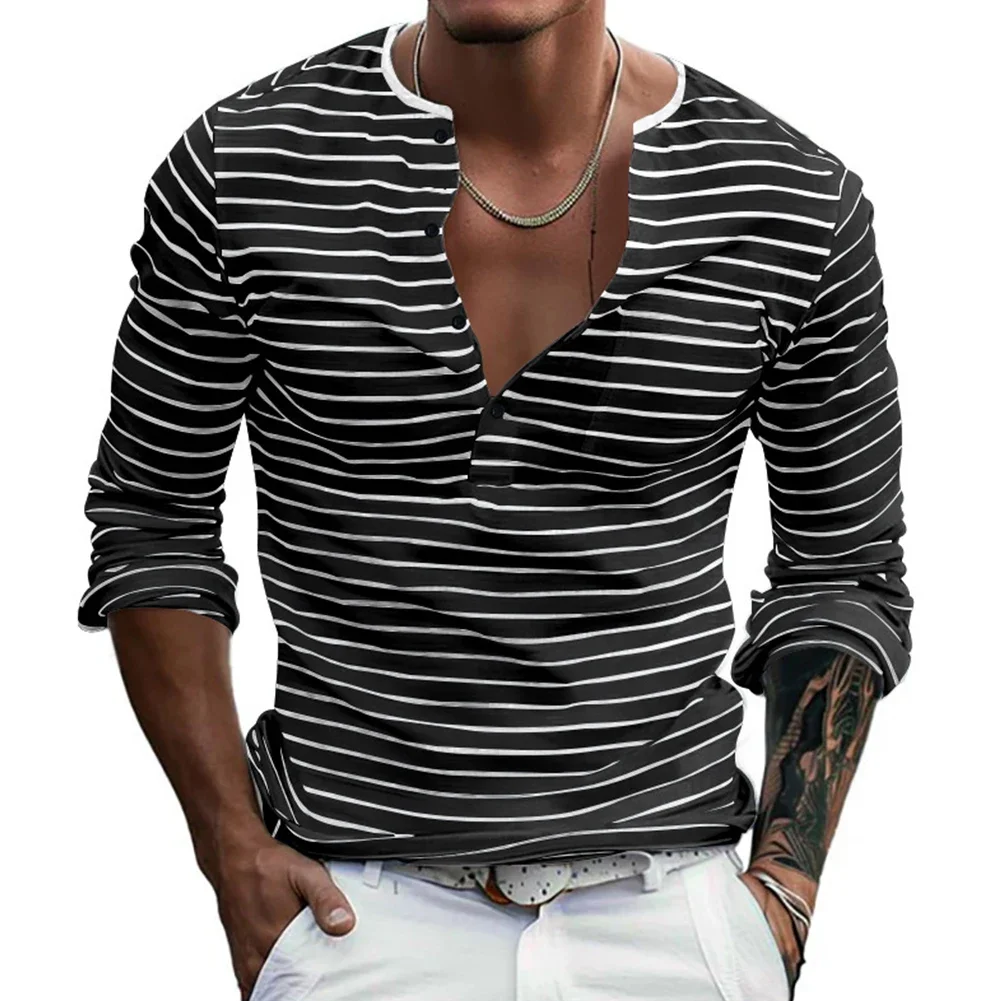 Long Sleeve Casual Outings Mens Stripe T-shirt Activewear Pullover Brand New Casual Loose Fit Polyester Fabric