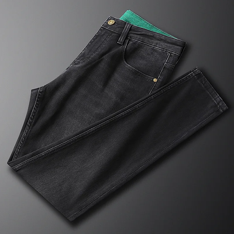 Autumn and winter grey black elastic jeans for men, slim fit, small straight leg, high-end trendy and fashionable men's pants