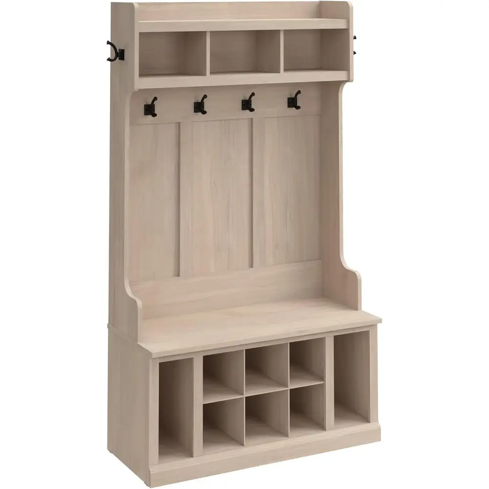 

Woodland 40W Hall Tree and Shoe Storage Bench with Shelves in White Washed Maple, Cubbies and Coat Hooks or oyer, Mudroom or Ent