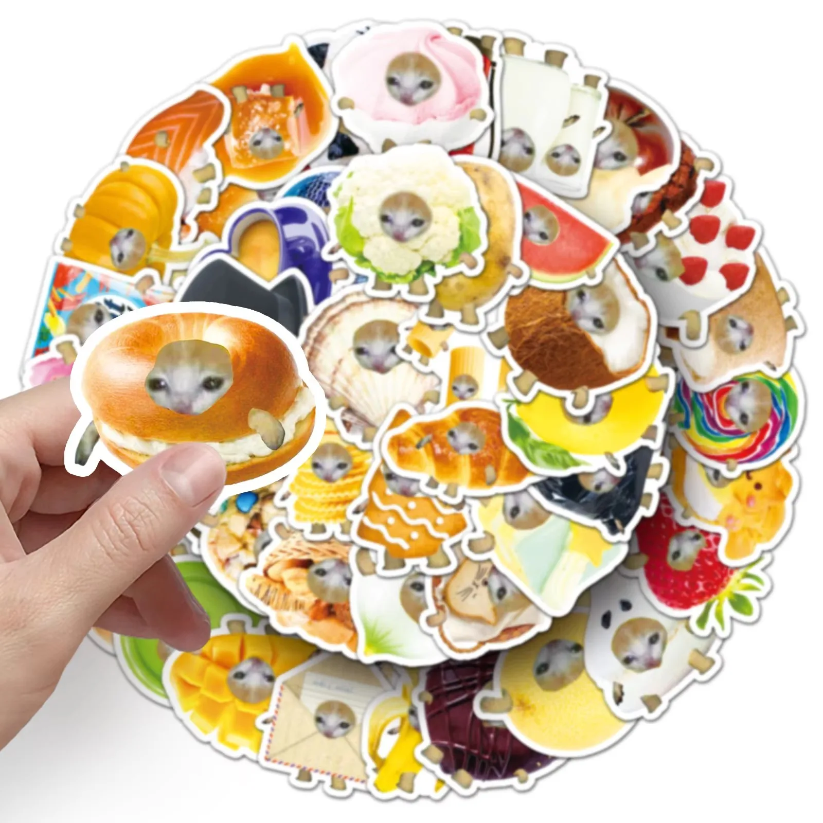 50PCS Cartoon Cute Funny Food Cat Meme Graffiti Sticker Creative DIY Water Cup Stationery Box Scrapbook Luggage Desk Guitar Gift