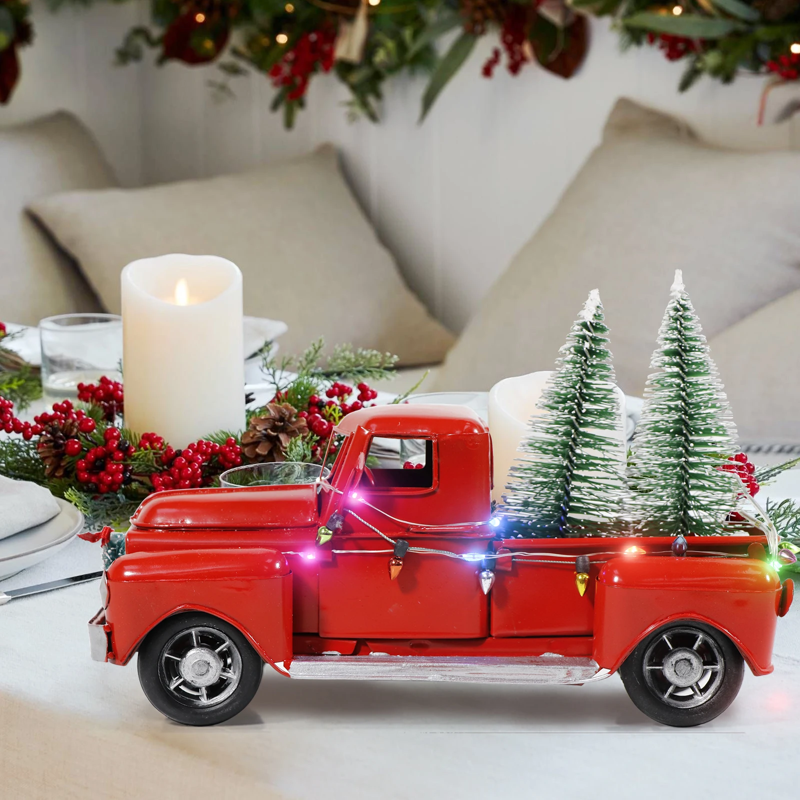 OurWarm 2023 red christmas truck Vintage Resin Classic LED Light Red Truck Antique Carred truck christmas decor Home Decoration