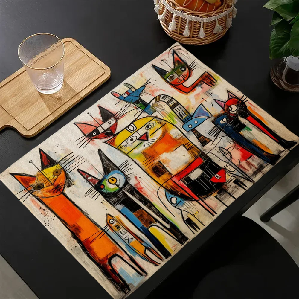4PC Placemats Colorful Abstract Cat Art Festive Dining Table Mats