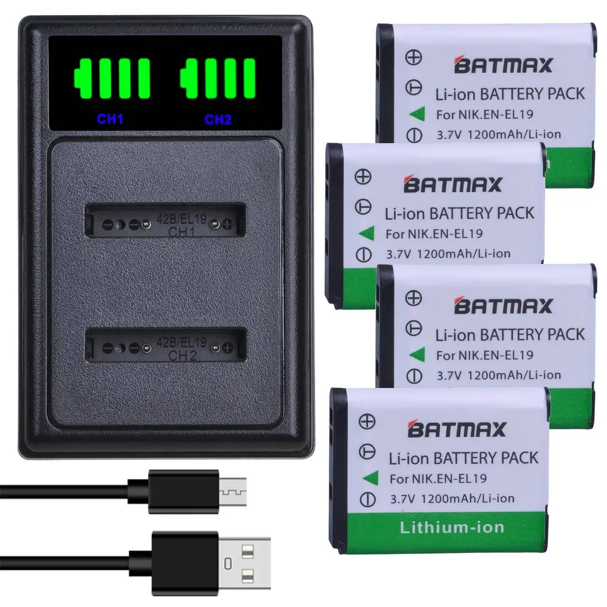 Batmax 1200mAh EN-EL19 Battery+LED Dual Charger for Nikon S100 S32 S33 S2500 S2600 S3100 S3300 S3500 S6400 S4100 S4150 S4300