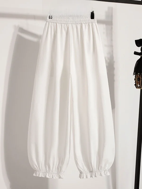 กางเกงขายาวผ้าไหมน้ำแข็งลายดอกไม้ทรงหลวมสบายๆ สำหรับผู้หญิงไซส์ใหญ่ รุ่นใหม่ประจำฤดูร้อนปี 2025