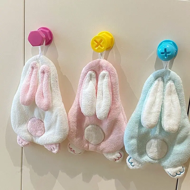 Kawaii Bunny Shaped Hand Drying Towel Fluffy Plush Strong Water Absorption Reusable Hanging Towel For Washroom Bedroom