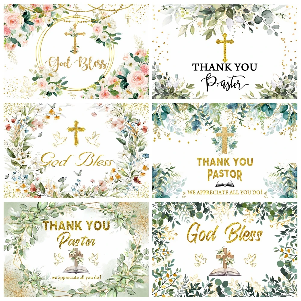 

My First Holy Communion Backdrop Gold Glitter Green Leaves Thank You Pastor Newborn Baby Baptism Christening Photo Background