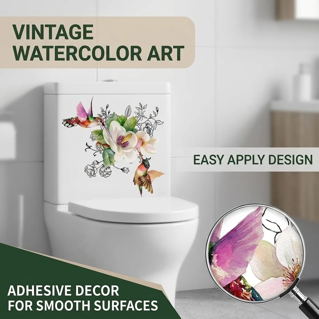 Vintage Toilet Sticker Waterproof Decal for Bathroom Restroom Floral Bird PVC Self Adhesive Removable Home Decor Art