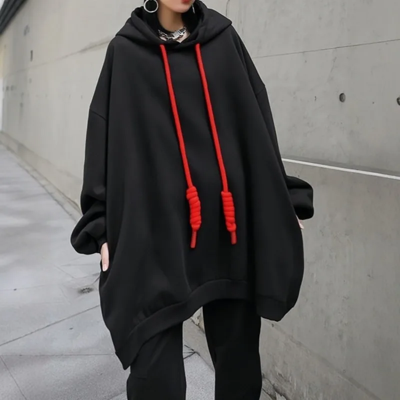 2026 New Women Mid-length Oversized Loose Hoodie Autumn Winter European American Fashion Streetwear Red Drawstring Black Coat
