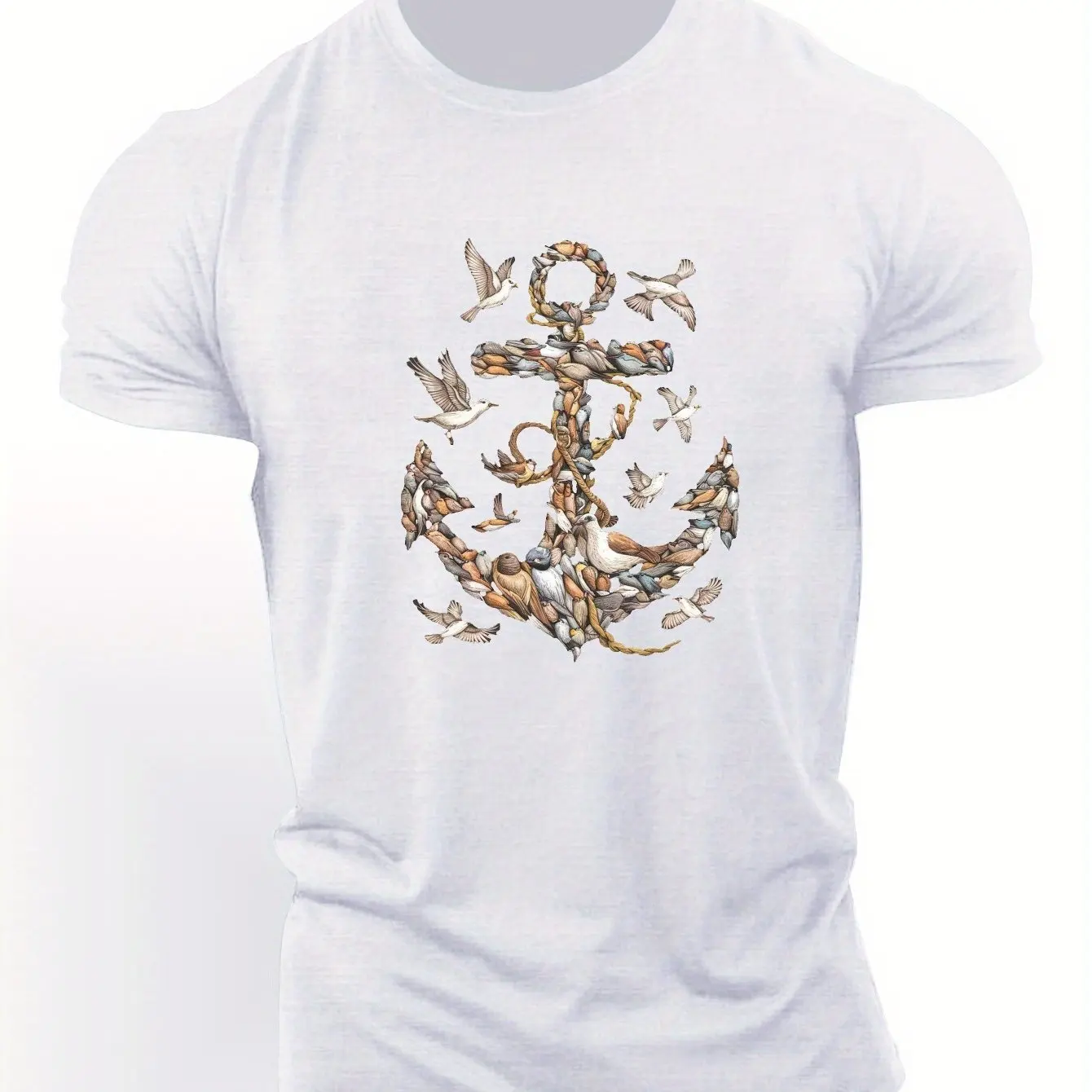 

Мужская футболка с замысловатыми якорями и птицами, графическая морская тема, художественный дизайн, короткий рукав, повседневная одежда, идеально подходит для лета