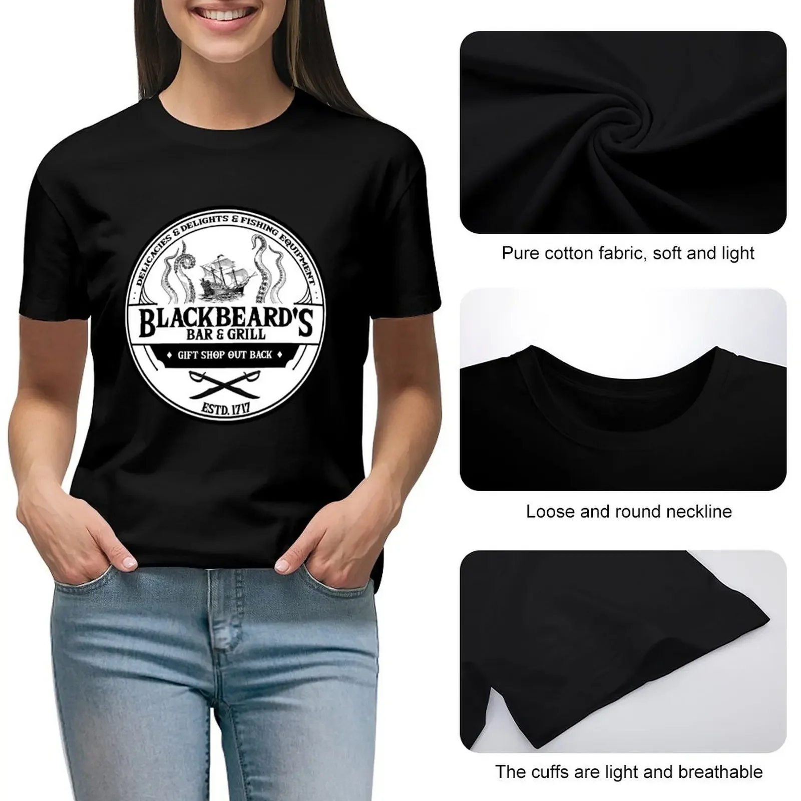 Blackbeard's Bar and Grill T-Shirt anime clothes customs design your own vintage workout shirts for Women