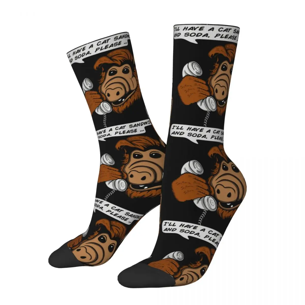 Funny Men's Socks Cat Sandwich And Soda Retro ALF The Animated Series Hip Hop Crazy Crew Sock Gift Pattern Printed