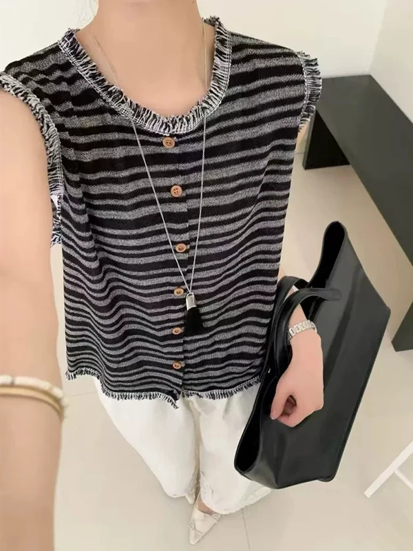 Zomer Kant Trim Linnen Gebreide Svel Ronde Ne Open Vest Vrouwen Vest T-shirt Koreaanse Sle Loose Fit Creatief Patroon
