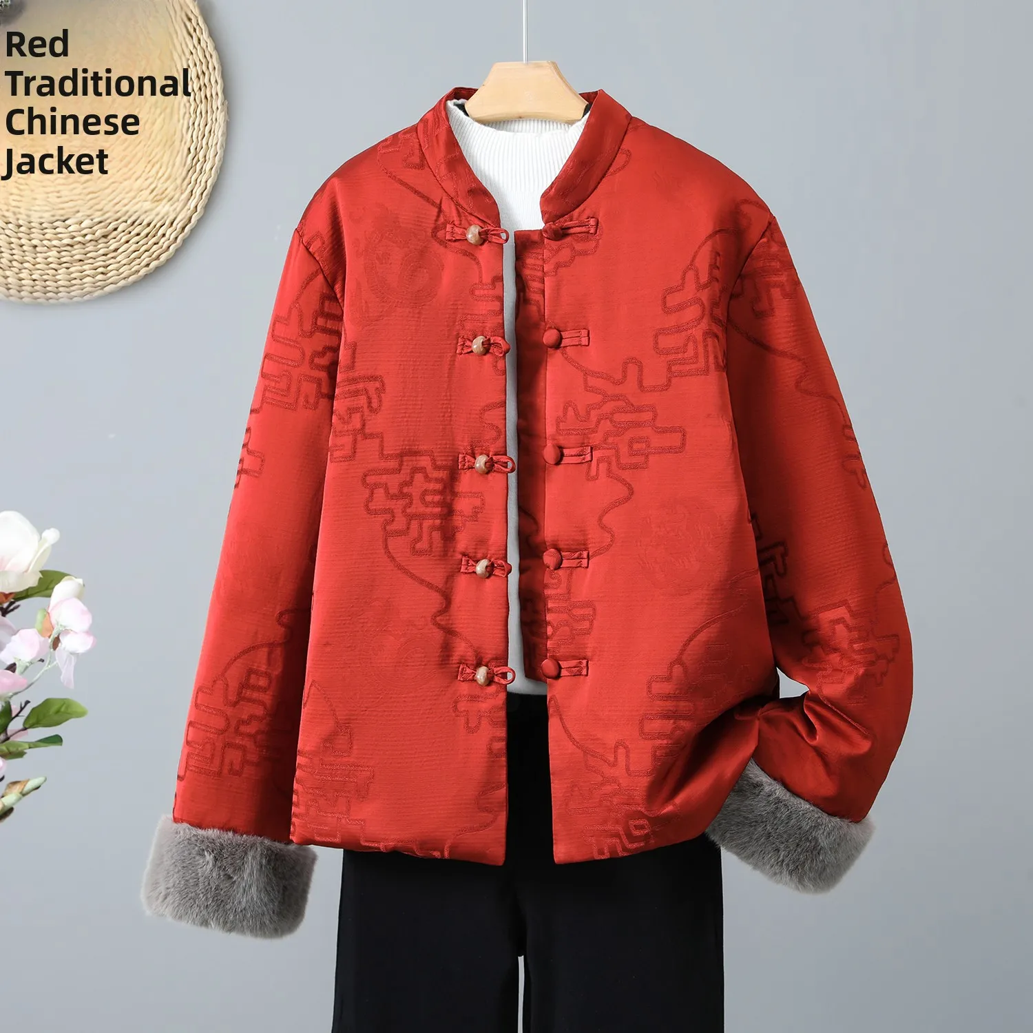 

Chinese Style Patchwork Thickened Cotton Jacket with Fur Sleeves Festive Red Color Fashionable Outerwear for Women
