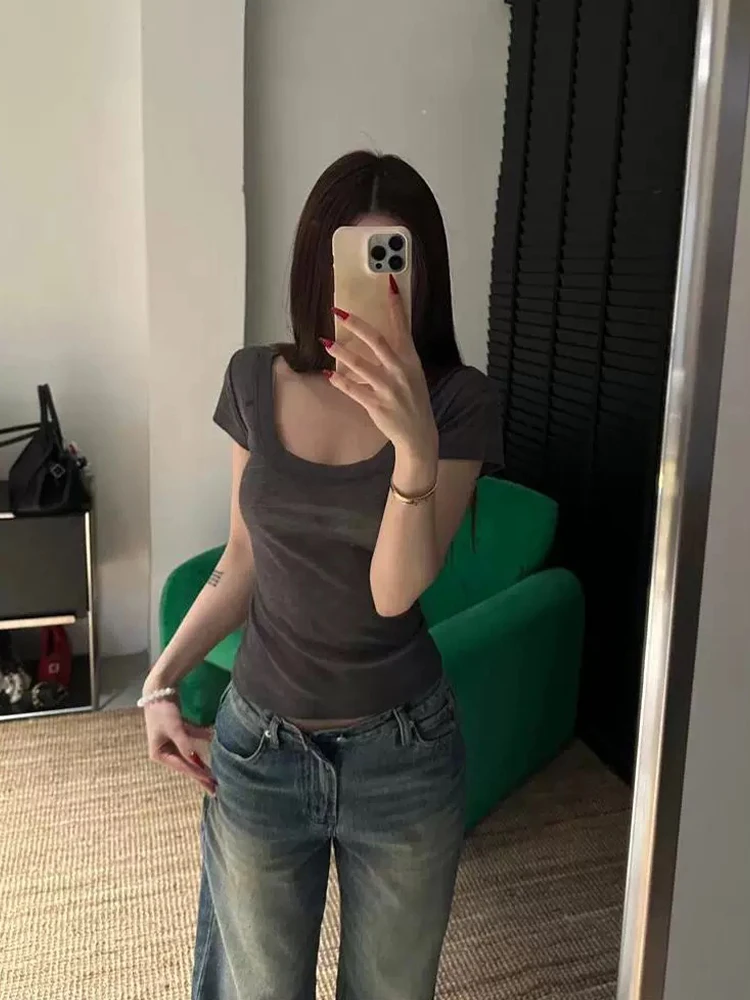 Kumikumi Sexy Semi-Transparent Short Sleeve T-Shirt Women's Slim Fit Summer Pure Color Top Korean Style round Neck Casual Wear