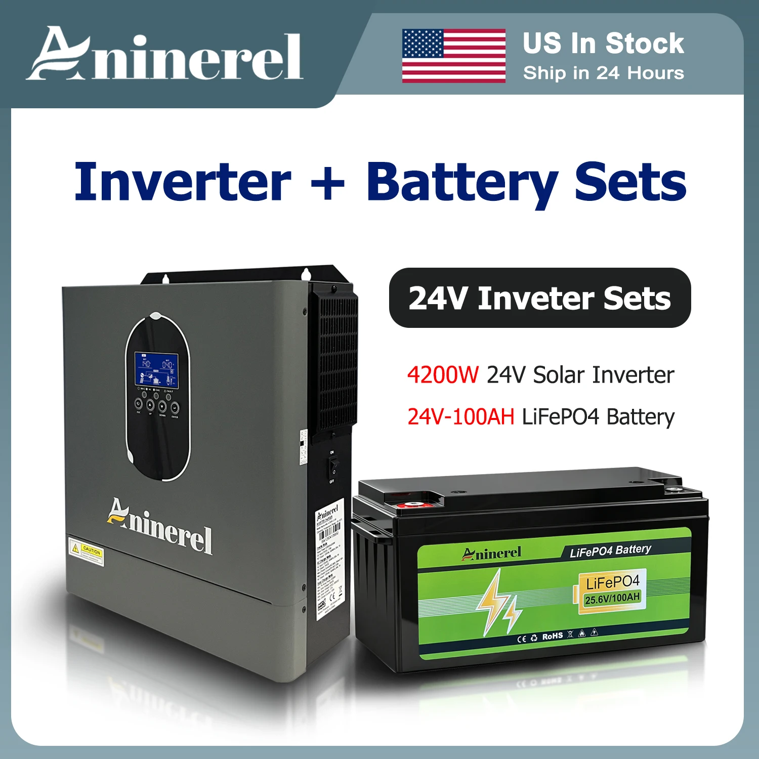 Lifepo4 12V 100Ah Bms Bluetooth - Aninerel 24 Zestawy Inwerter+Bateria 4200W 24V