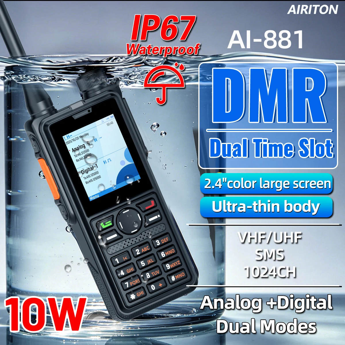 

AIRITON DMR AI-881 Digital Walkie Talkie 10W IP67 Waterproof Analog Dual Time Slot New AR-880 VOX Large Color Screen Ham Radio