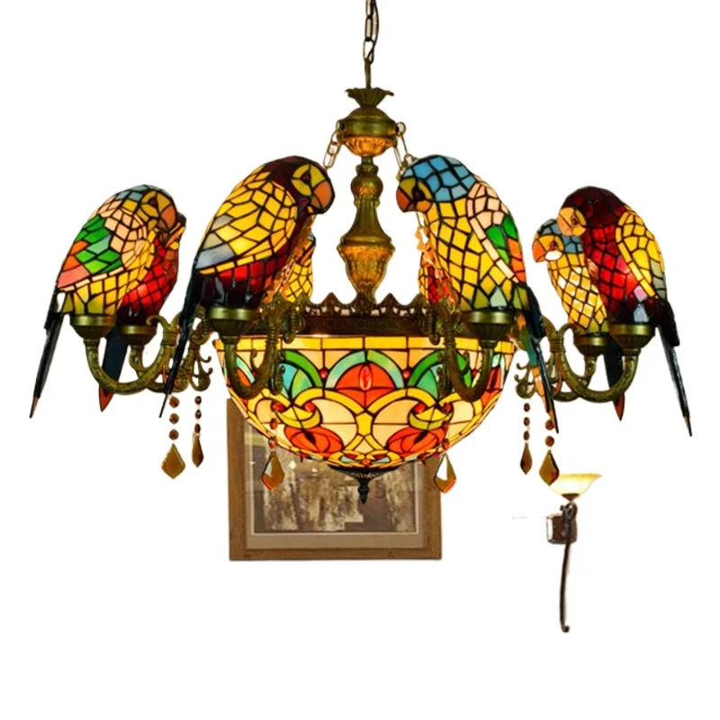

Tiffany retro light luxury stained glass parrot chandelier bar restaurant living room bird lamp glazed lighting