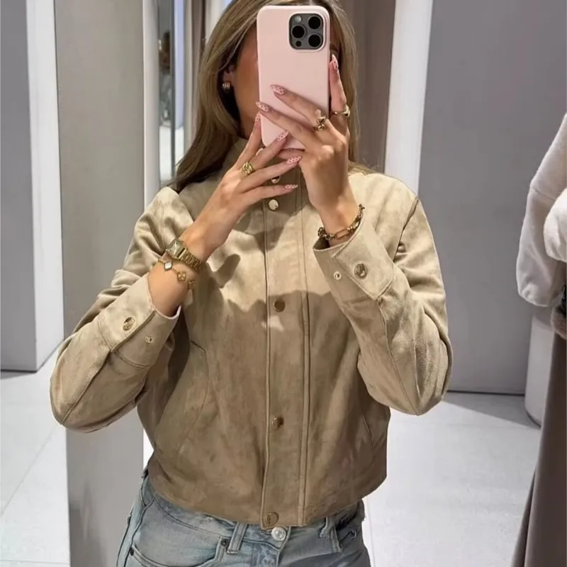 

Новая женская модная куртка из искусственной замши с высоким воротом и длинными рукавами, повседневное осеннее короткое пальто, женская уличная одежда