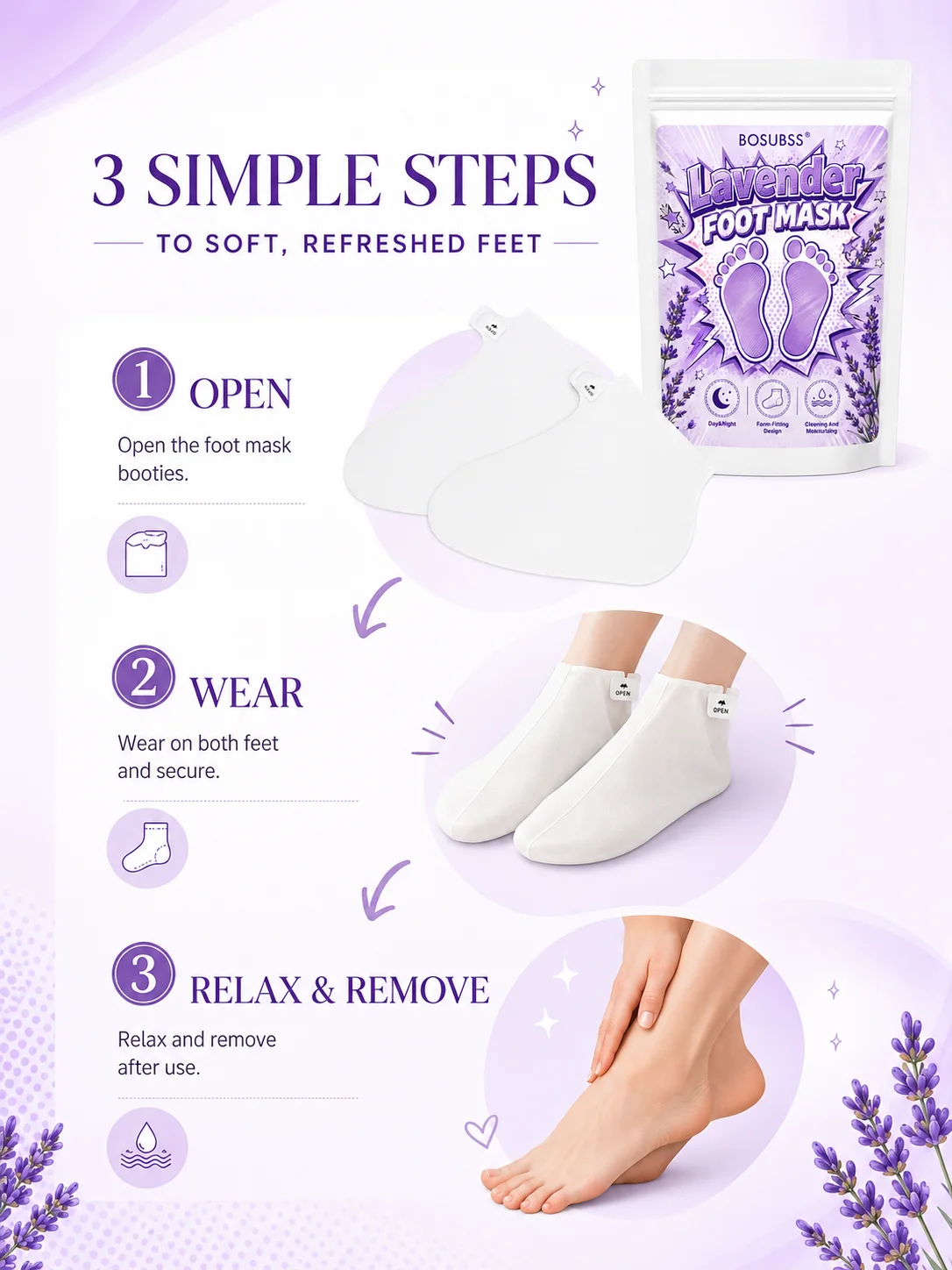 Lavender Foot Mask, Soft Foot Care Mask, Form-Fitting Foot Mask For Daily Home Spa Routine