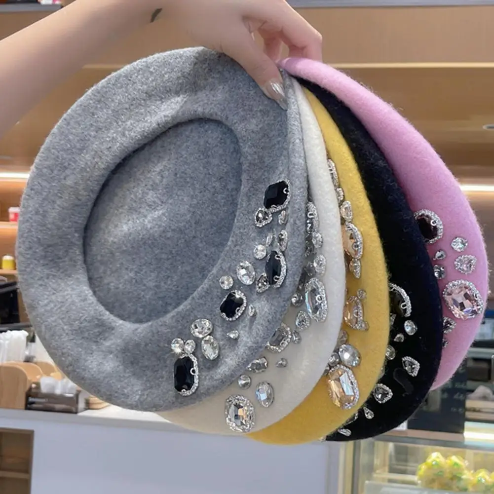 Dropshipping!! French Beret Thick Rhinestone Decor Brimless Thermal Decor Wool Artist French Style Painter Hat Women Headwear