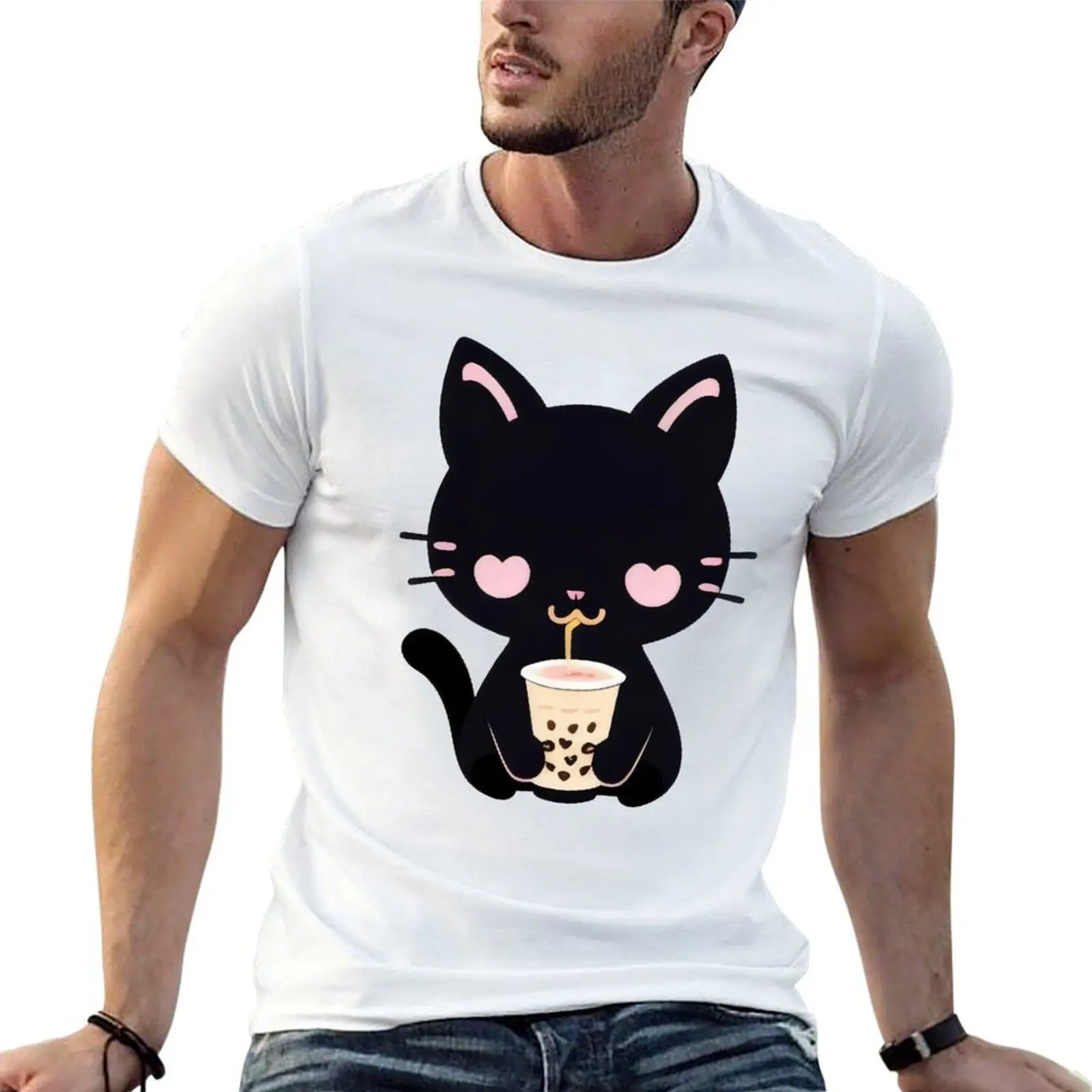 

Очаровательный черный кот Sipping Bubble Tea - футболка Kawaii Boba Lover Art с принтами, мужские футболки с принтами