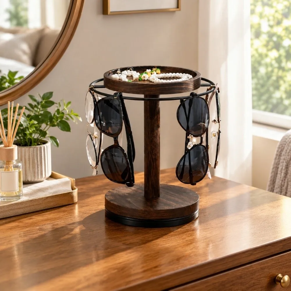 Chic Convenient Eyeglasses Display Stand With Tray Rotating Wooden Storage Rack With Base Space Saving Jewelry Organizer Home