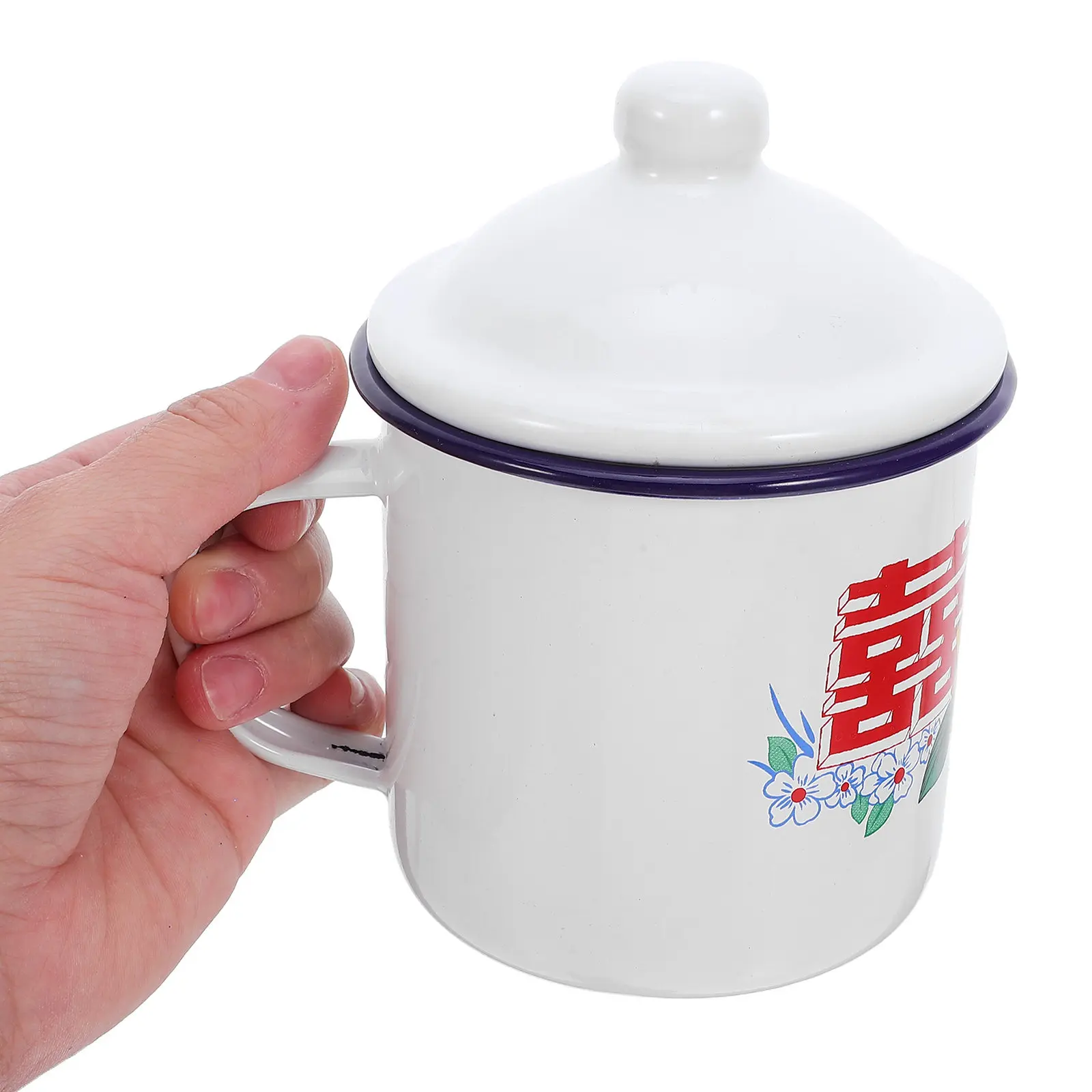 Backpacking Coffee Cup Enamelware Mug Chinese Retro Aesthetic Blue Edge Rustproof Smooth Finish for Camping Travel Home