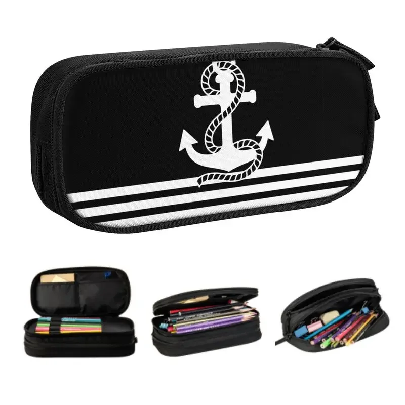 

Black White Nautical Stripes And Anchor Pencil Cases for Girl Boy Large Storage Sailing Sailor Pen Bag Box School Accessories