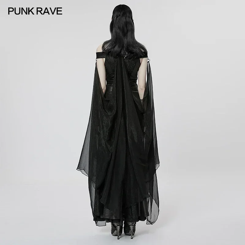 PUNK RAVE Women\'s Elf Gothic Textured Mesh and Chiffon Dress Detachable Cloak Fairy Queen Goddess Sexy Long Dresses