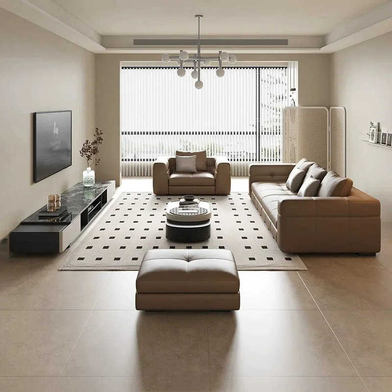 

Leather sofa Italian minimalist, first layer cowhide, light luxury in the living room