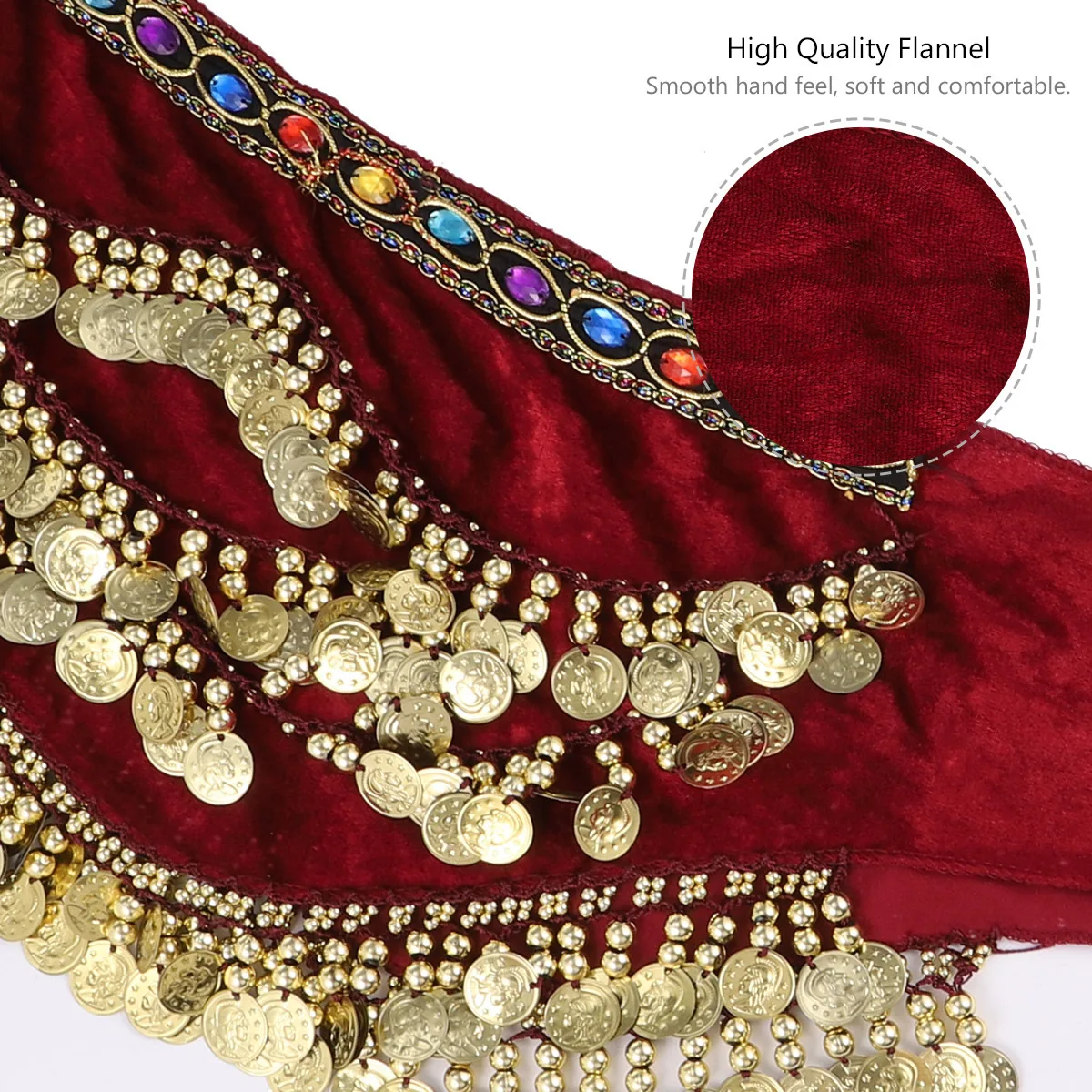 

1Pcs Belly Dance Hip Scarf Coin Belt Dark Red Adjustable Tie Lightweight Durable for Belly Dance Class Practice Performance
