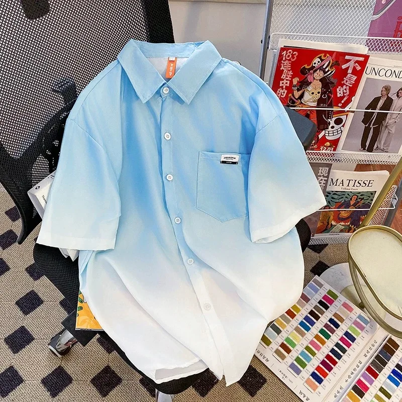 Men Dopamine Gradient Color Shirts Tops Boy Male Summer Half Sleeve Ice Silk Blouse Gentlemen Party Club Ins Chic Y2K Streetwear