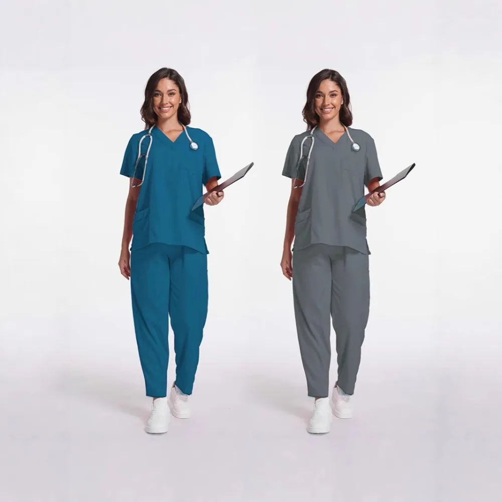 Medische scrubs voor dames - Top met V-hals en korte mouwen en broek met trekkoord, ziekenhuis, tandarts, dierenarts, verpleegster, arts, werkuniformset