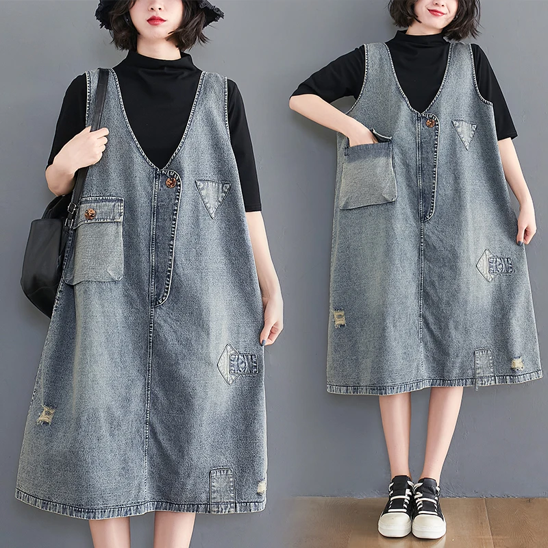

Retro Denim Vest Dr Women Summer New Sle plus Size Loose Long Dr Belly Covering V-Ne Svel Casual Faion