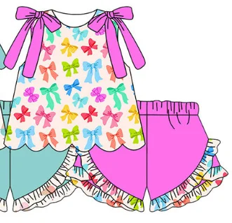 Boutique Kid's Girls' Set Round Neck sleeveless top Pair with ruffled shorts  Bow Decoration Popsicle bow Seabed animals Prints