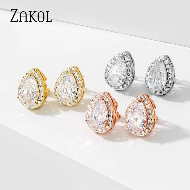 ZAKOL Fashion Water Drop Zircon Clip Earrings Without Piercing Puncture for Women Classic Bridal Wedding Jewelry Dropshipping