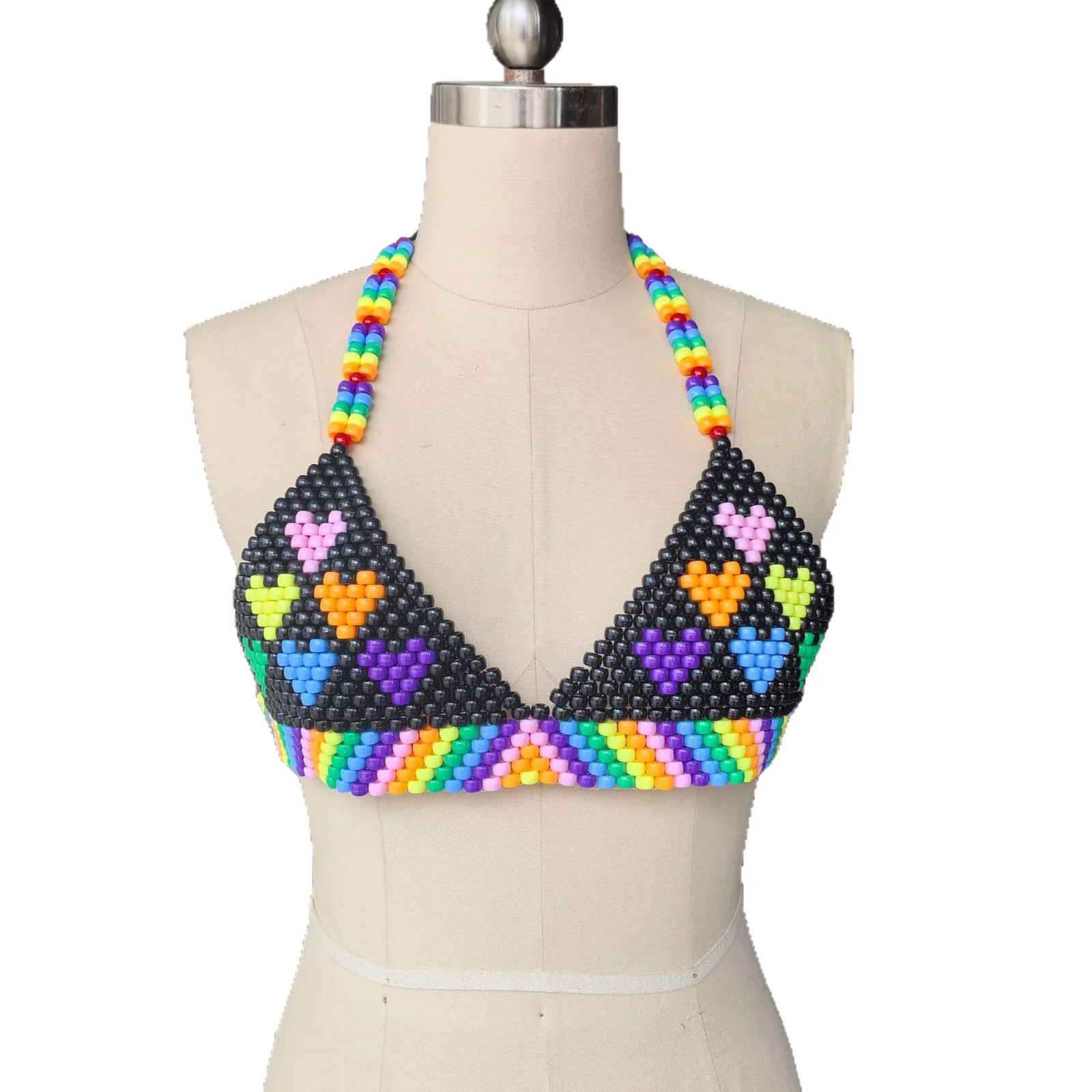 European & American Style Colorful Heart Patterned Tank Top Handcrafted Beaded Strapless Backless Body Chain