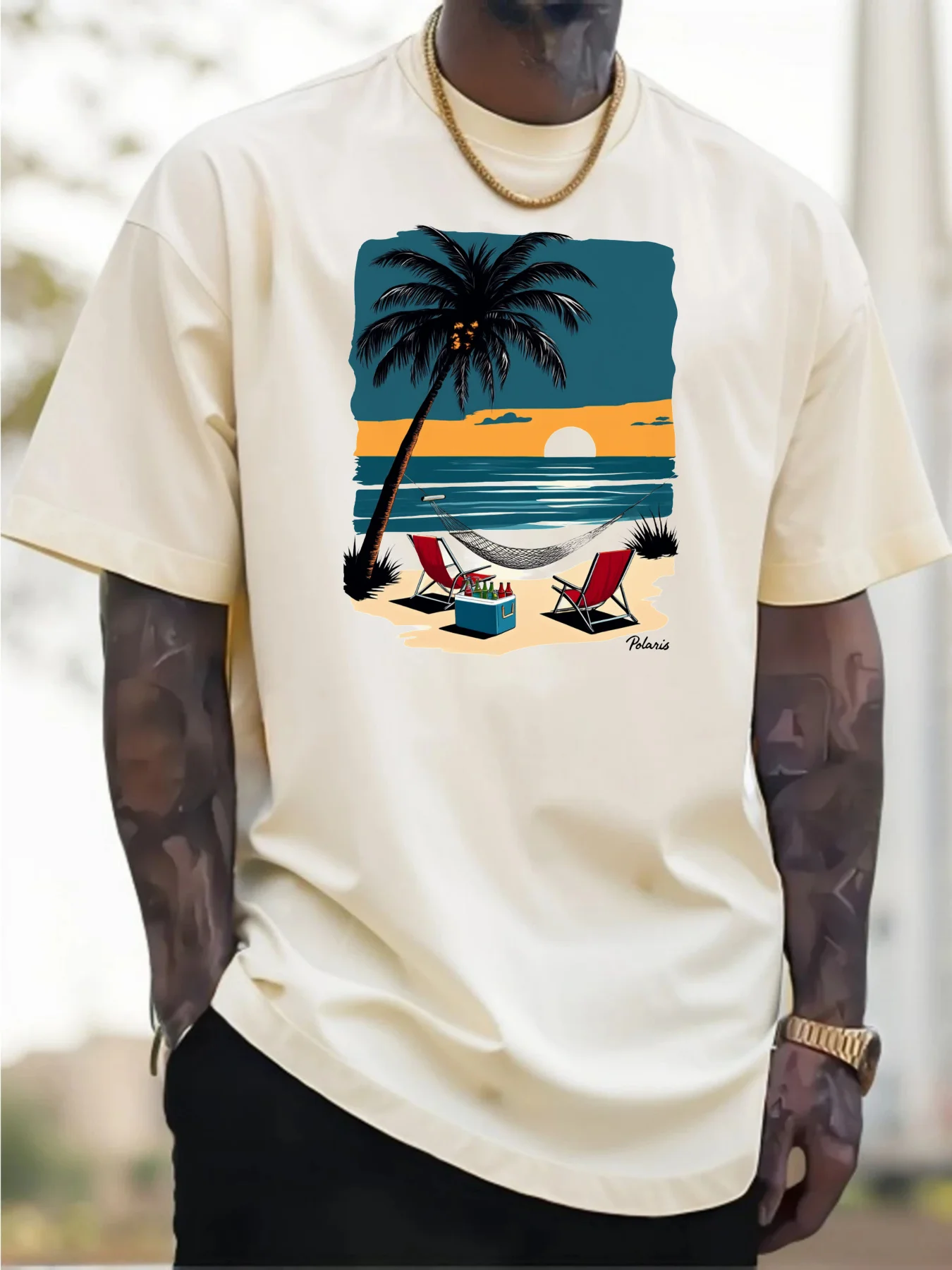 ผ้าฝ้ายแท้ผู้ชายสีแดงทรอปิคอลบีชกราฟิกเสื้อยืดวันหยุดฤดูร้อนเปลญวนการออกแบบต้นปาล์ม