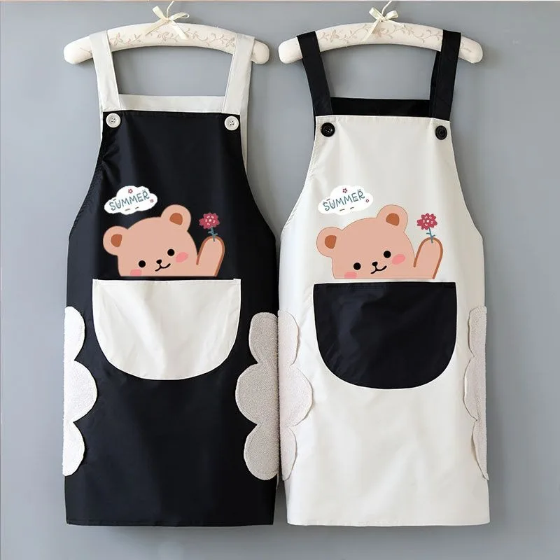 Little Bear Cute Kitchen Household Adult Antifouling Apron Sleeveless Waterproof Cartoon Printed Women Aprons Cleaning Accessory