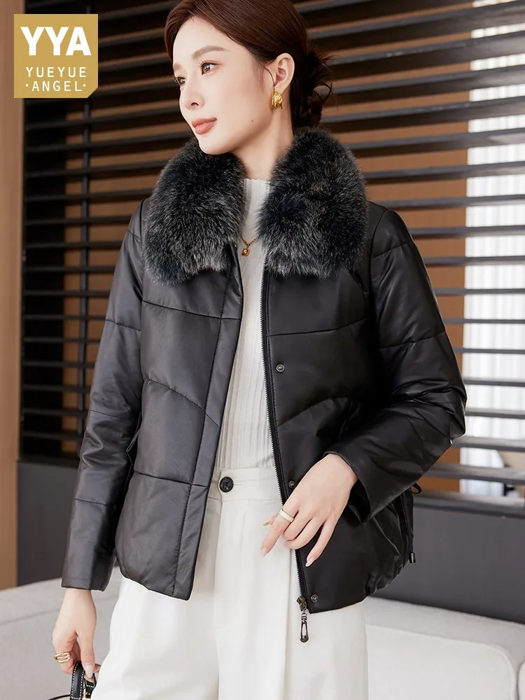 冬のオフィスレディー向け、本革ブラックダウンコート、フォックスファー襟付きシープスキンパファージャケット、女性用防風暖かいショートジャケット