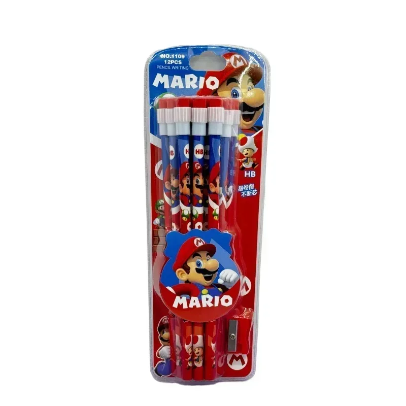 12pcs Super Marios Bros Pencil Set Anime Children HB Pencil with Pencil Sharpener Cute Student Stationery School Supplies Prize