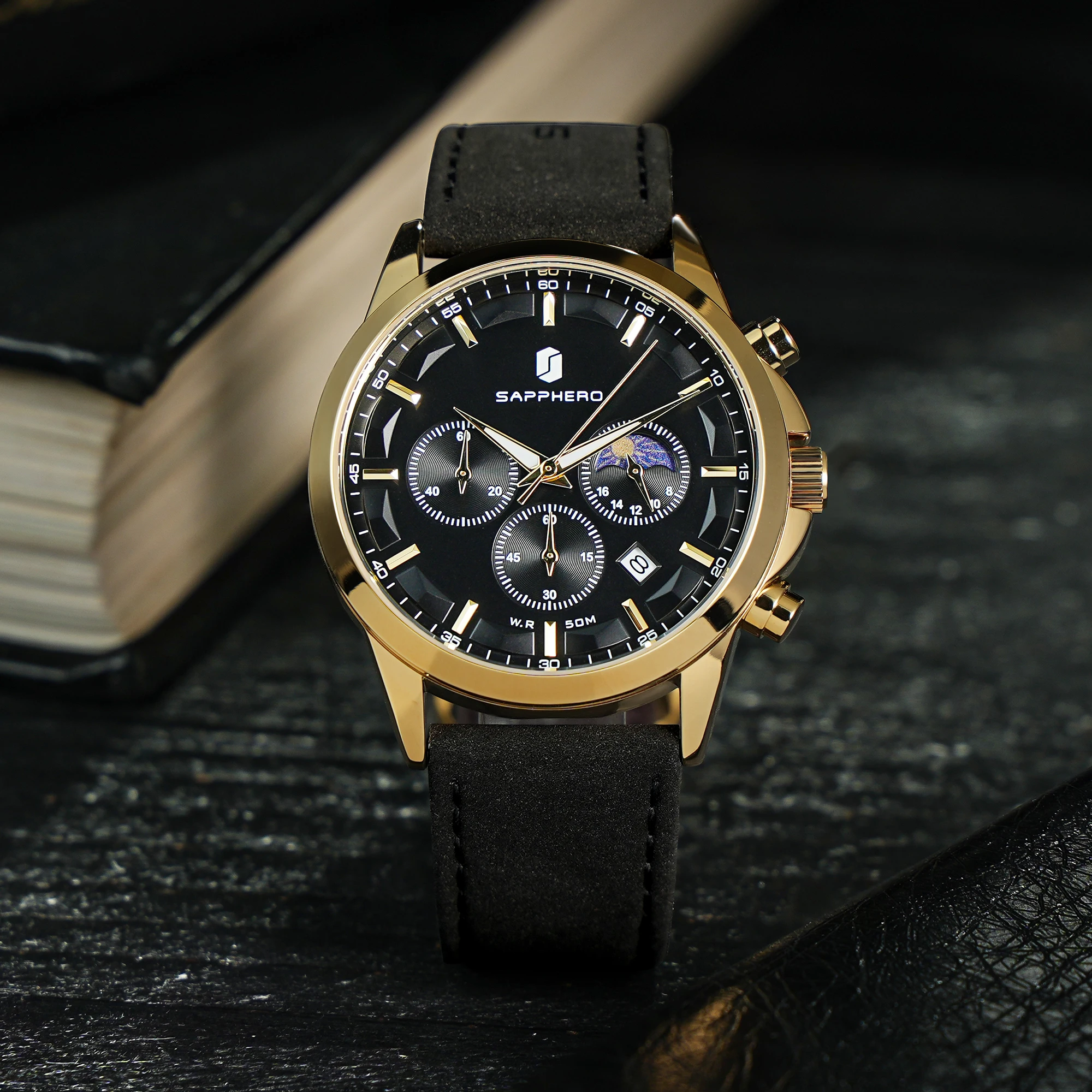SAPPHERO Herren Chronograph Quarzuhr, 5ATM Wasserdicht, Hardlex Kristall, Lederarmband, Modische Sportuhr, Perfektes Geschenk für Männer – Detail 12