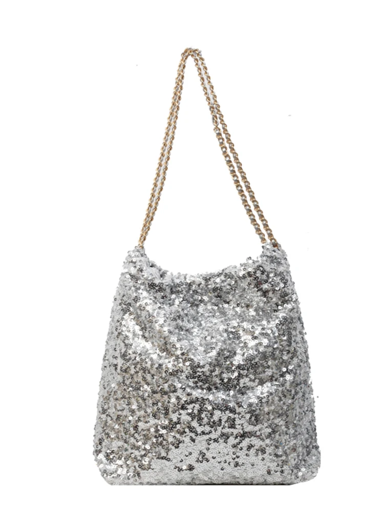 Vintage Bucket Sequin Chain Shoulder Crossbody Bag Shiny Women Handbag and Purses New Brand Design Ladies Evening Tote Bag