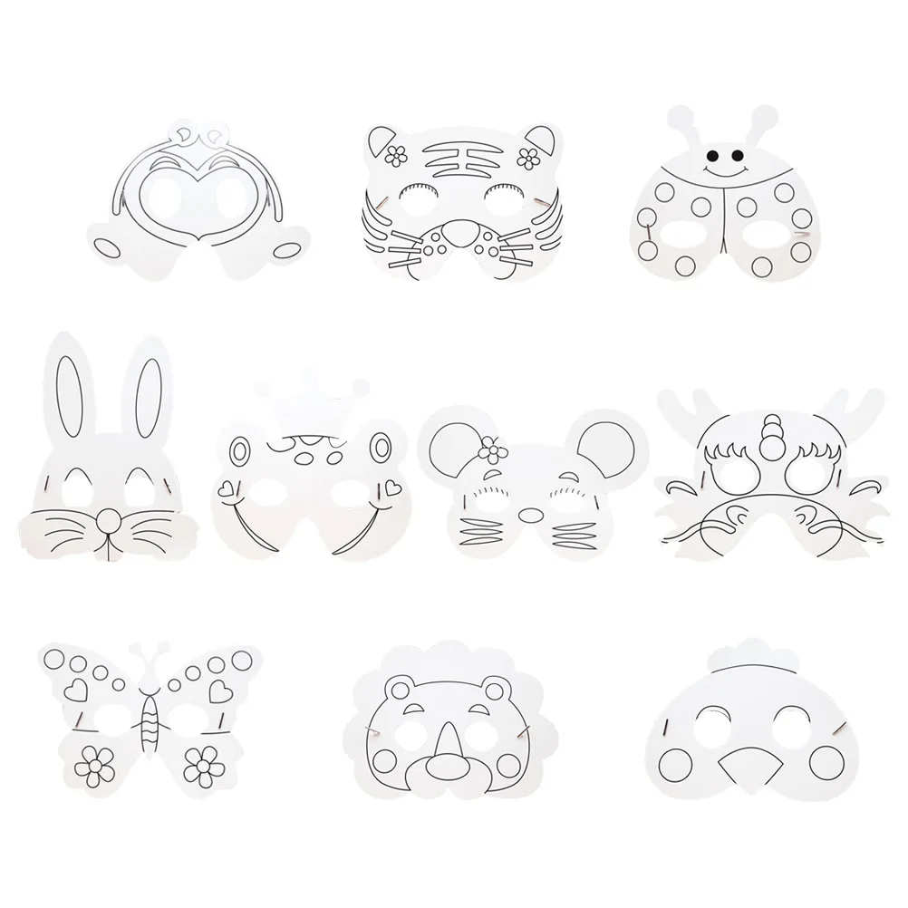 10Pcs Paper Mask Craft Kit Children DIY Painting Art Project Pre-Cut Animal Designs for Fun Creative Play White Mask