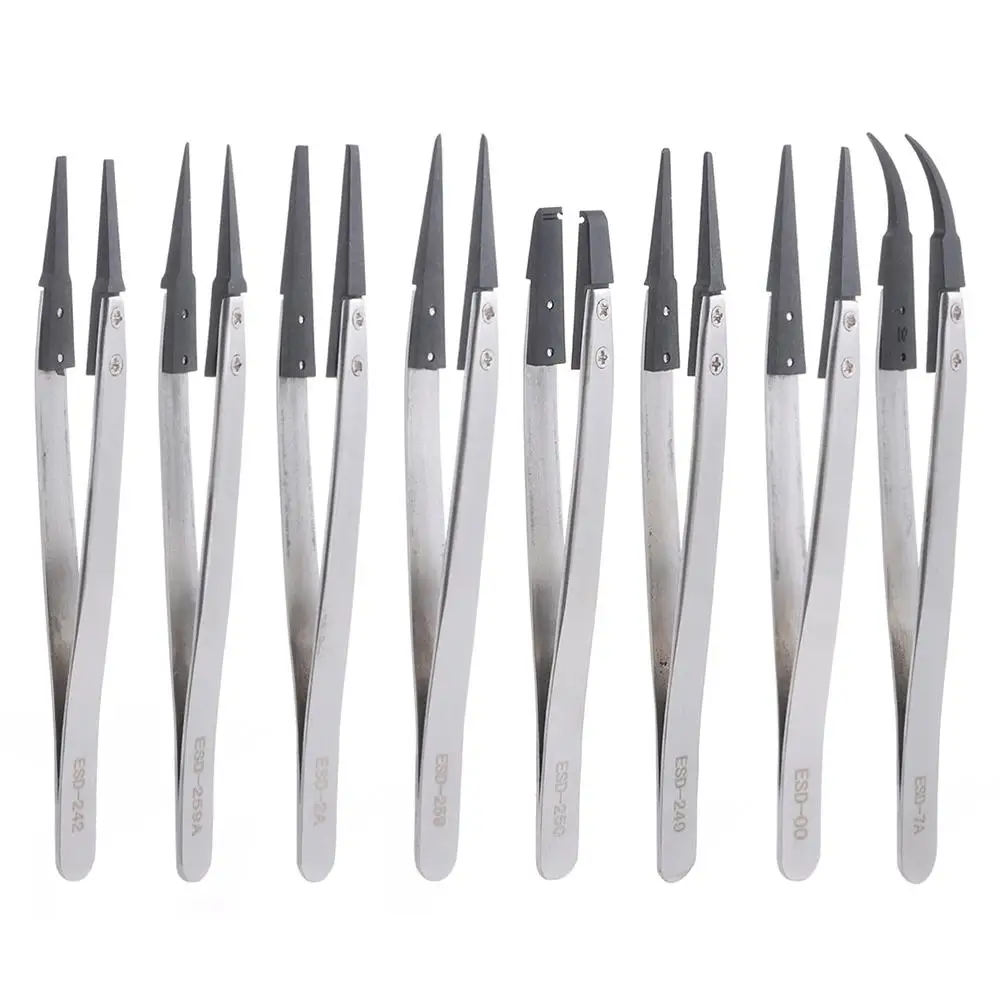 New Plastic Conductive ESD Tweezers Stainless Steel Replaceable Tips Carbon Fiber